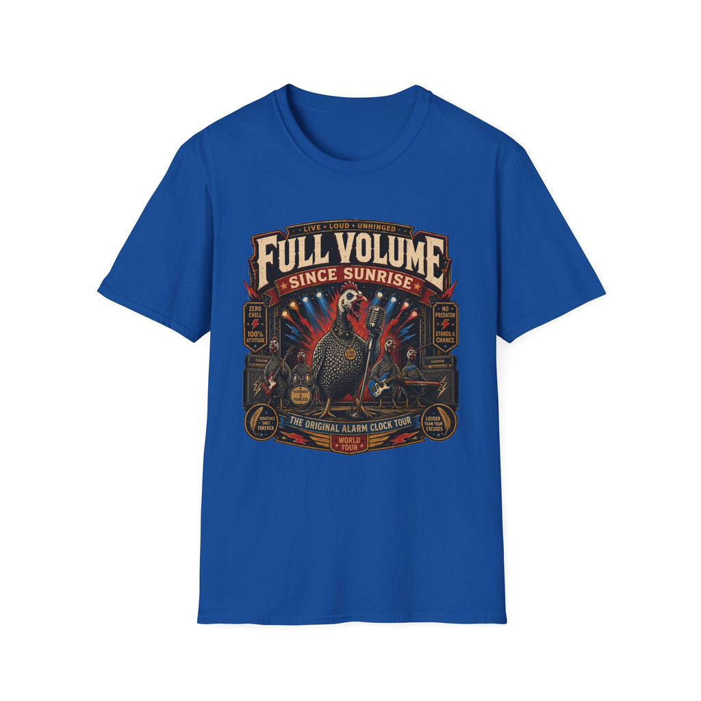 Full Volume Since Sunrise Guinea Fowl T-Shirt — Rock Concert Poultry Poster Tee