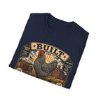 Barred Rock Rooster T-Shirt — "Built the Old Fashioned Way" Farm Vintage Tee