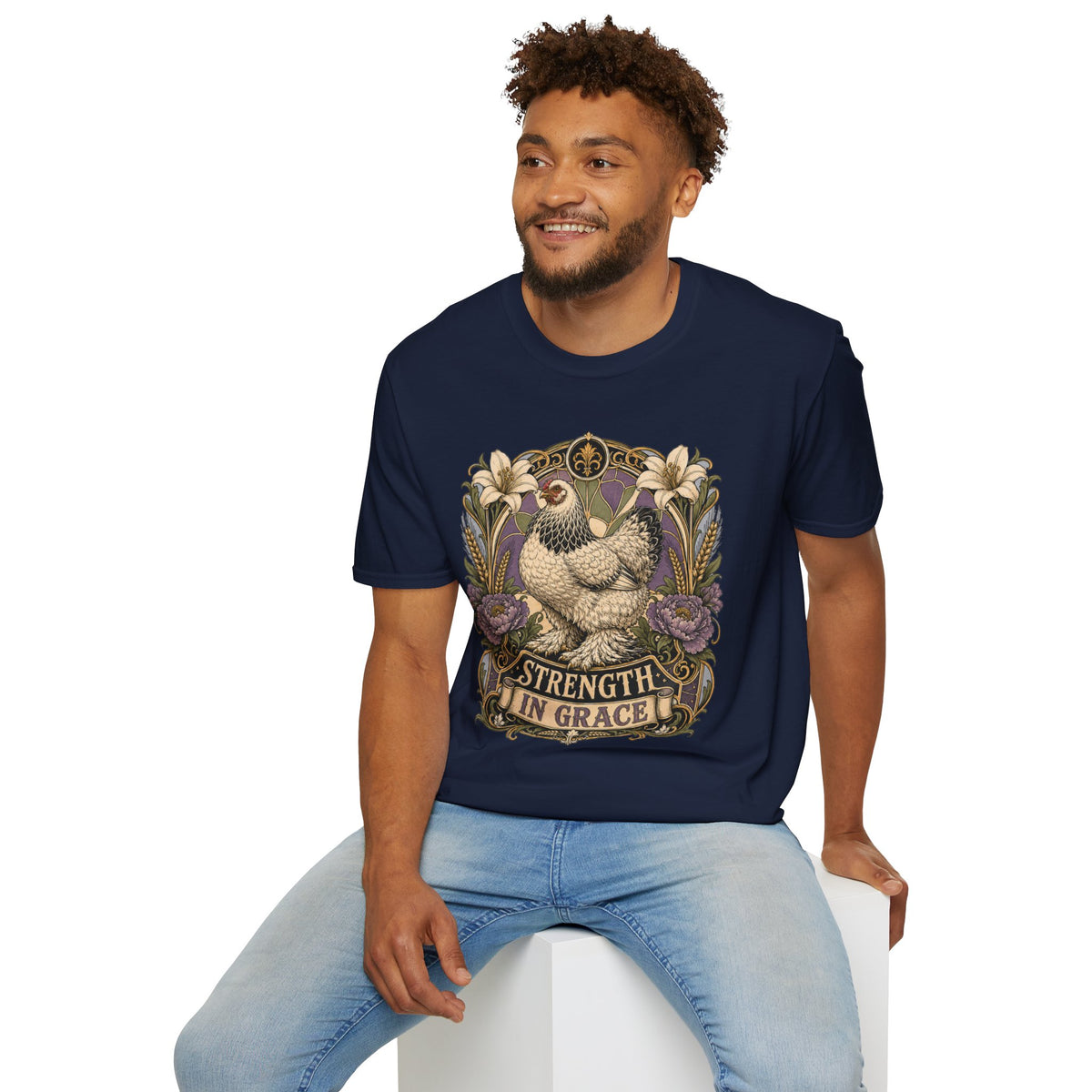 Strength in Grace Brahma Hen T-Shirt — Botanical Rooster Art Tee
