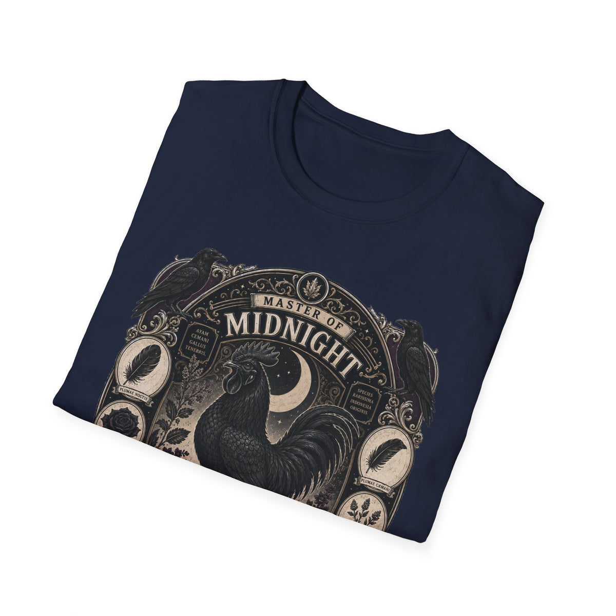 Master of Midnight Feathers Ayam Cemani T-Shirt — Gothic Rooster Graphic Tee