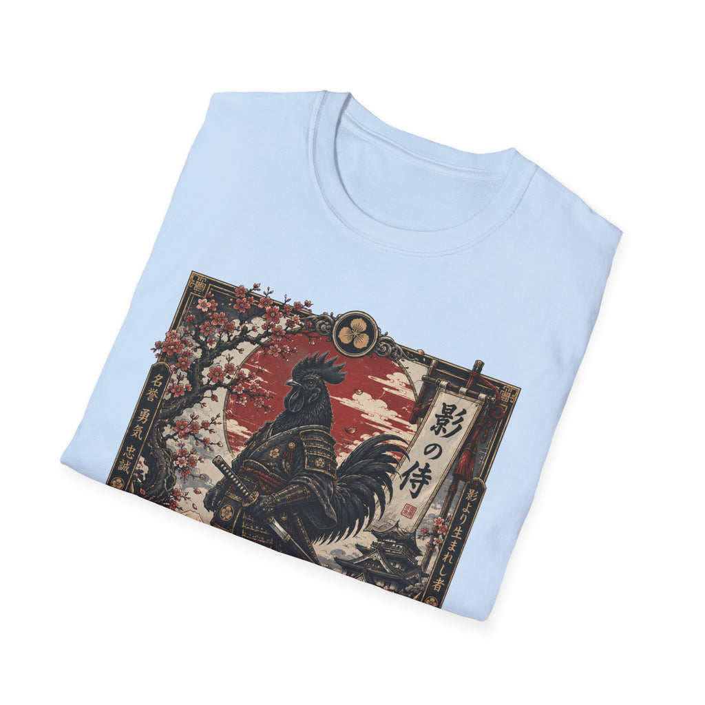 Shadow Samurai Ayam Cemani T-Shirt — Sunset Blossom Warrior Rooster Tee