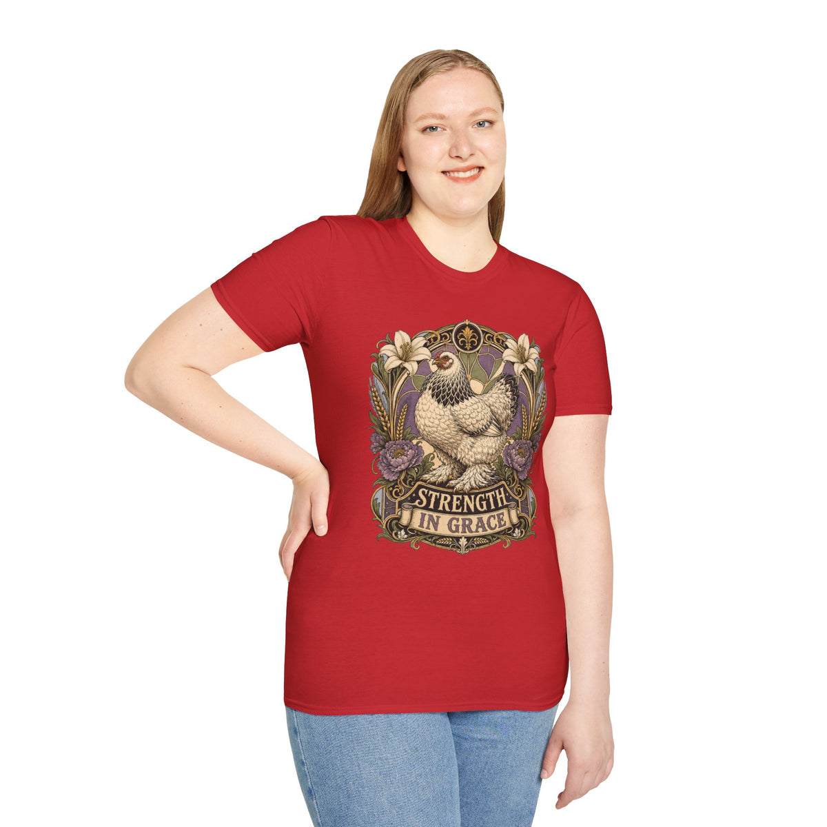 Strength in Grace Brahma Hen T-Shirt — Botanical Rooster Art Tee