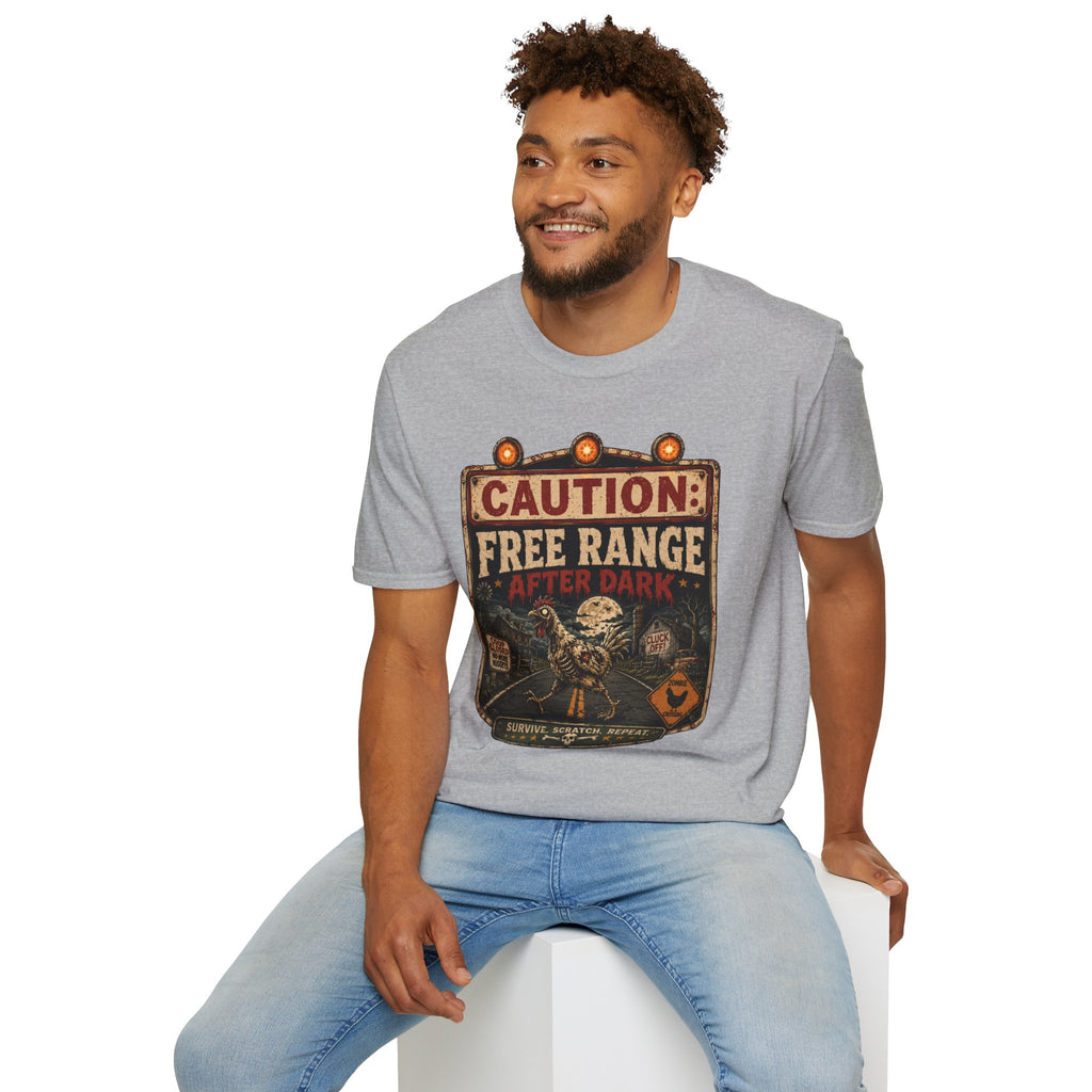 Zombie Chicken Crossing at Night T-Shirt — Spooky Halloween Poultry Tee