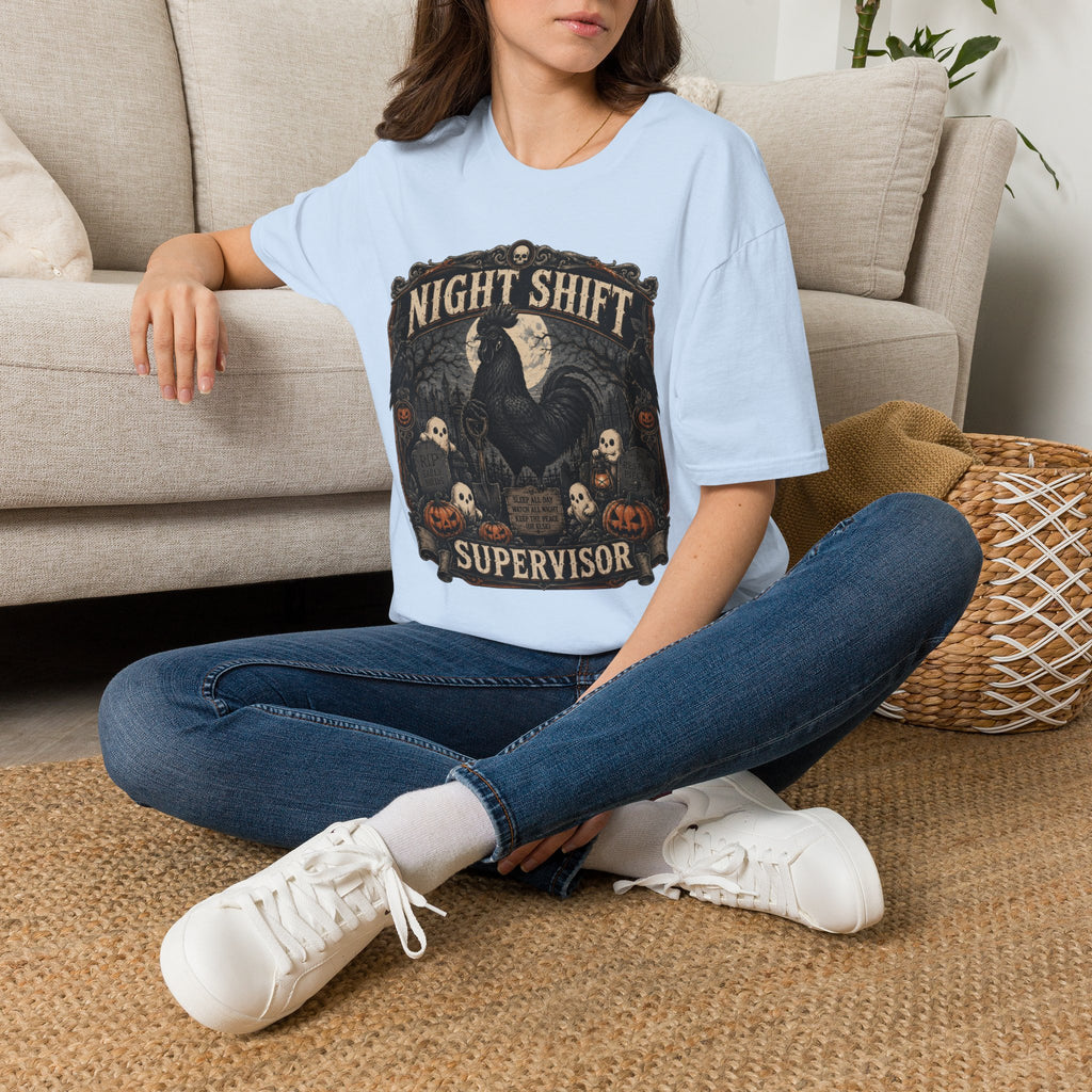 Night Shift Supervisor Ayam Cemani T-Shirt — Graveyard Rooster Graphic Tee