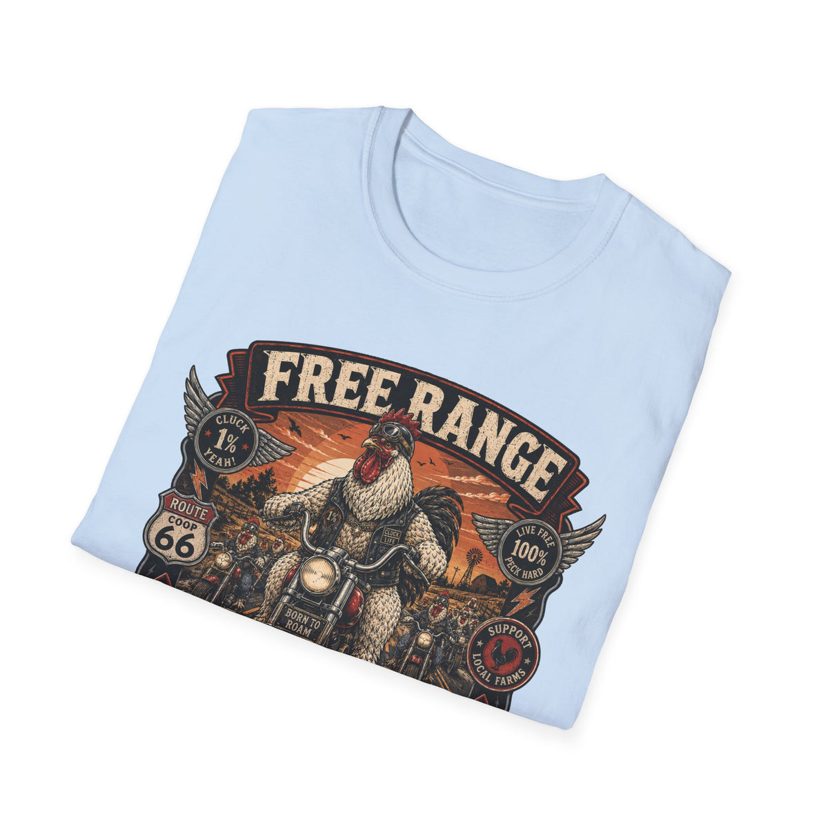 Free Range Road Crew Brahma T-Shirt — Biker Rooster Graphic Tee