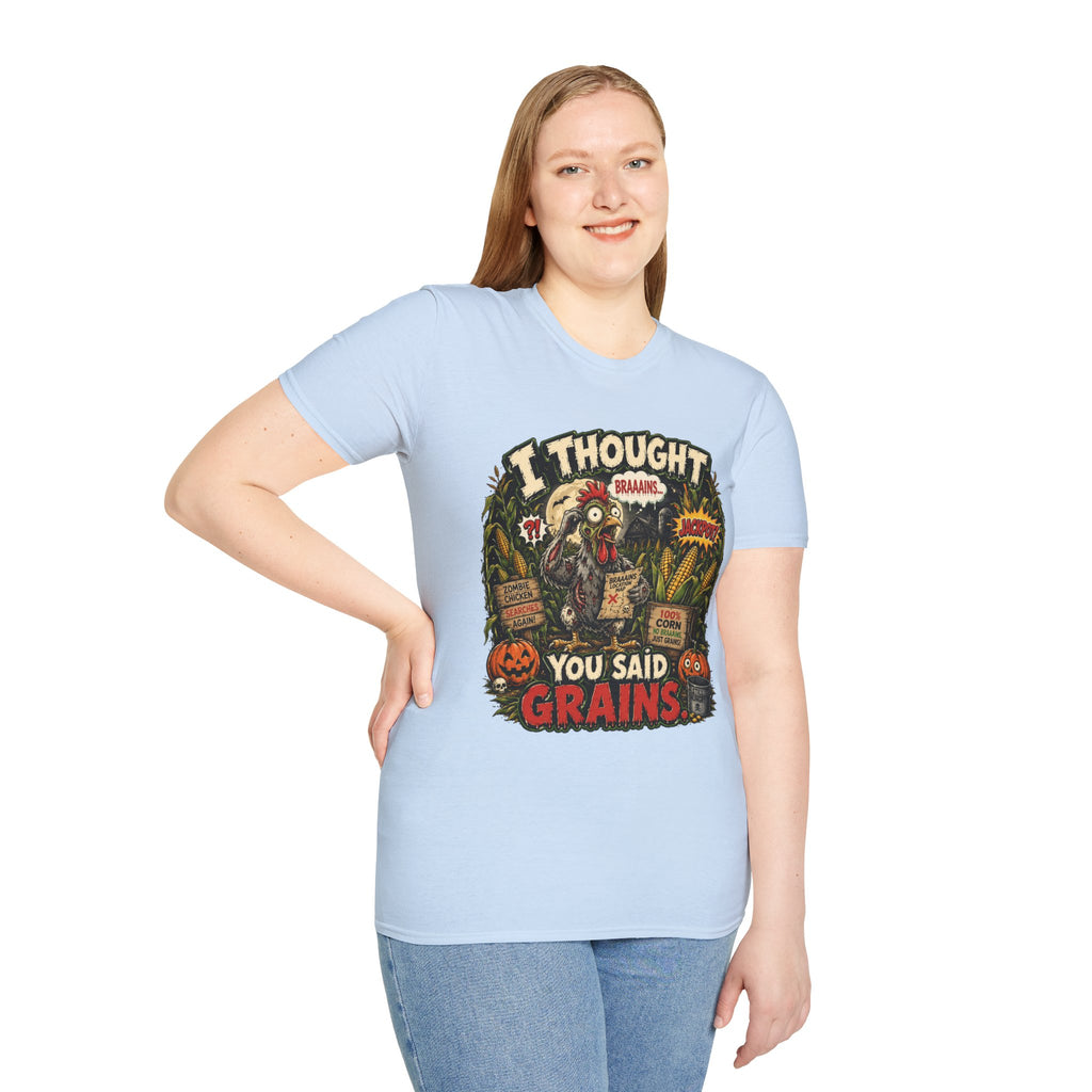 Zombie Chicken's Cornfield Jackpot T-Shirt — "I thought you said GRAINS" Funny Tee