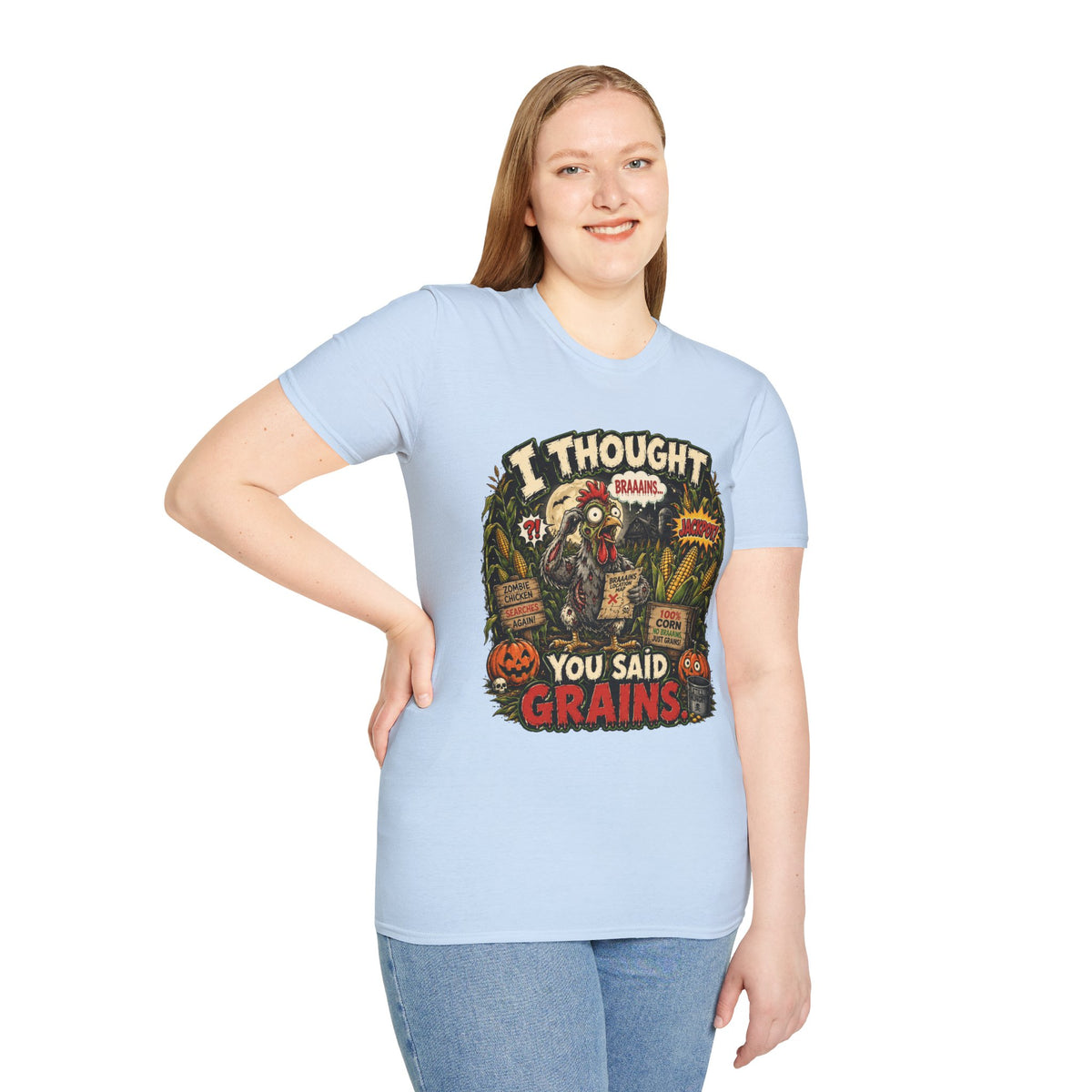 Zombie Chicken's Cornfield Jackpot T-Shirt — "I thought you said GRAINS" Funny Tee