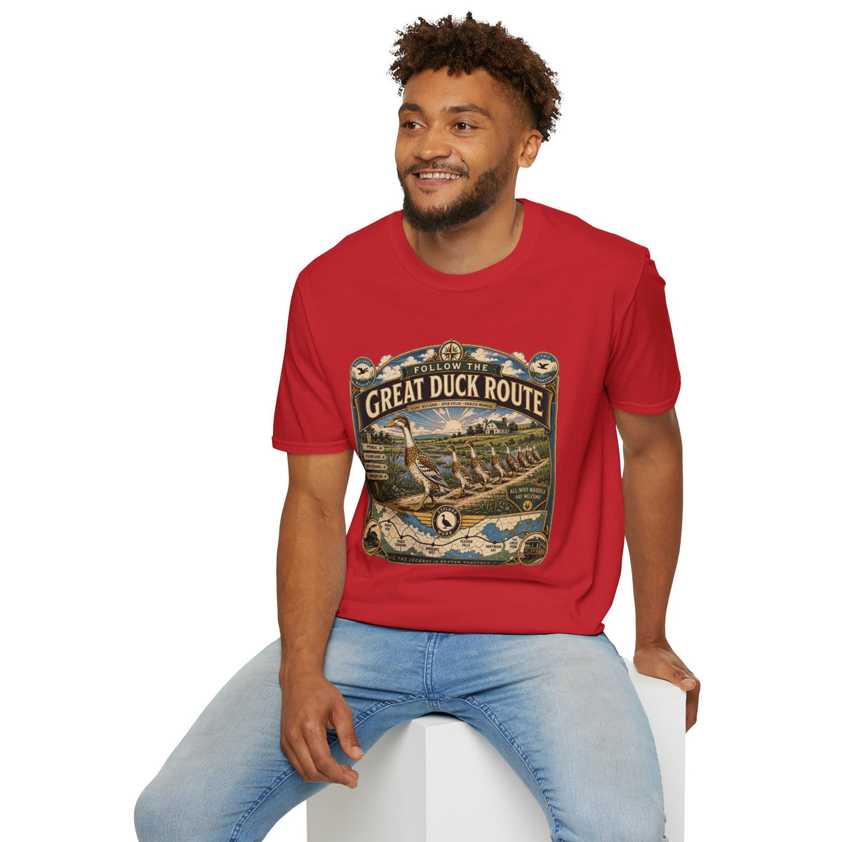 Follow the Great Duck Route T-Shirt — All Who Waddle Are Welcome Tee