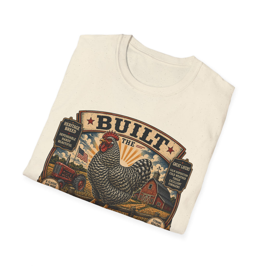 Barred Rock Rooster T-Shirt — "Built the Old Fashioned Way" Farm Vintage Tee