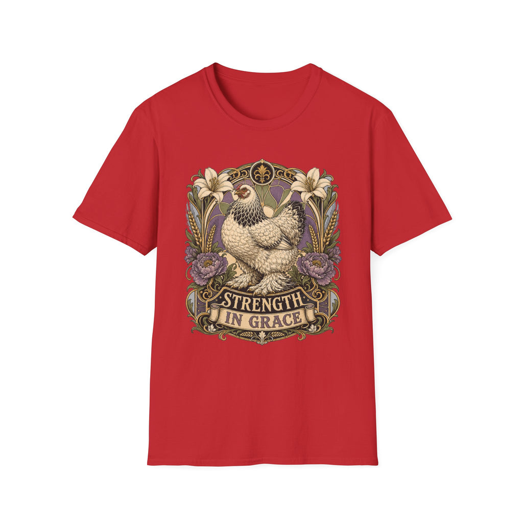 Strength in Grace Brahma Hen T-Shirt — Botanical Rooster Art Tee