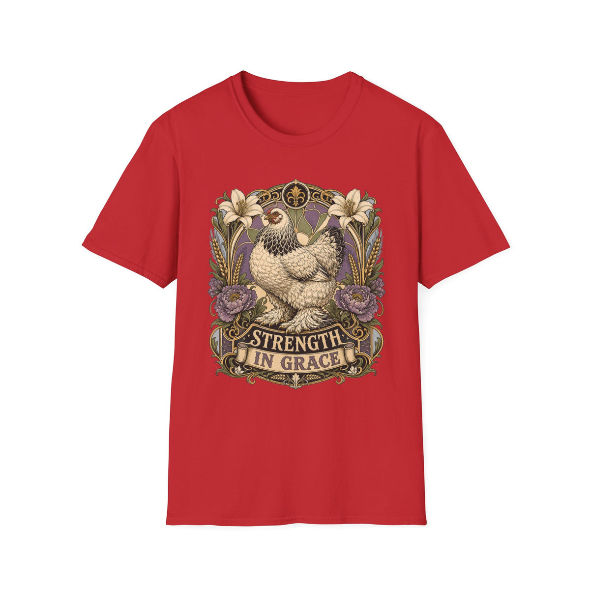 Strength in Grace Brahma Hen T-Shirt — Botanical Rooster Art Tee