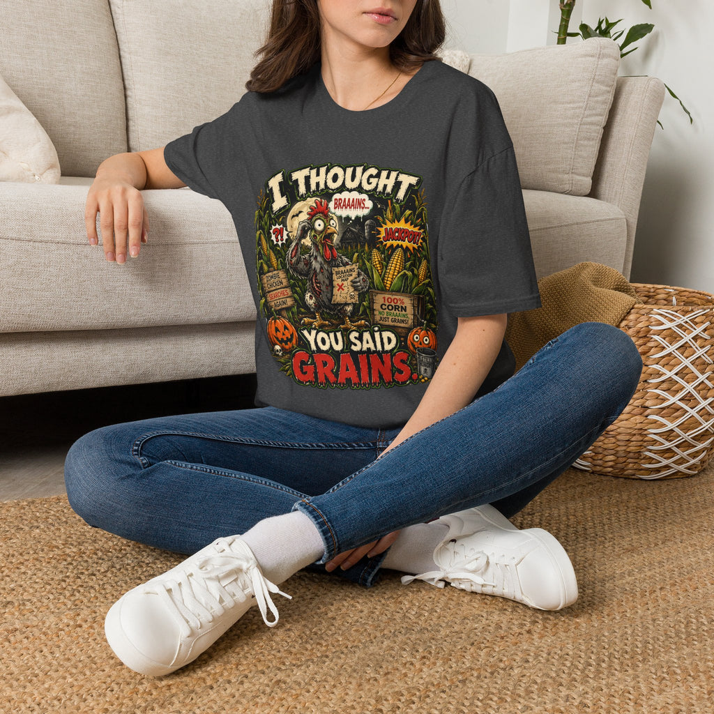 Zombie Chicken's Cornfield Jackpot T-Shirt — "I thought you said GRAINS" Funny Tee